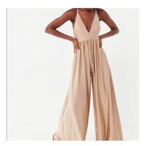 S Urban Outfitters Gold Plunge Wide Leg Jumpsuit with Pockets